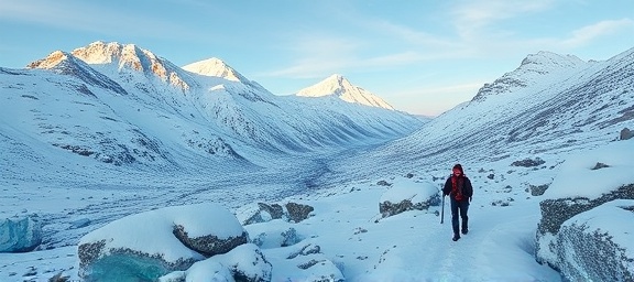 immersive experience of DFW journey, contemplative expression, hiking through a snow-covered valley, photorealistic, panoramic wintry landscape with icy peaks, highly detailed, snowflakes falling, ultra-high definition, cool blues and whites, golden hour glow, shot with an ultra-wide lens.