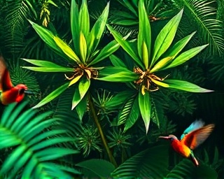 vivid depiction of DFW images, focused expression, photographing wildlife, photorealistic, dense jungle filled with diverse flora and fauna, highly detailed, birds flying, macro photography, vibrant colors, dappled sunlight, shot with a macro lens.