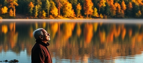 serene moment in Tods journey, peaceful expression, meditating by a tranquil lake, photorealistic, mirrored water surface reflecting autumnal forest, highly detailed, gentle ripples, deep focus, warm oranges and reds, soft afternoon light, shot with a prime lens.