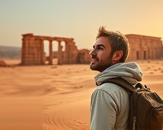 exciting capture of Tods travel, amazed expression, observing ancient ruins, photorealistic, expansive desert with sandstone formations, highly detailed, sand swirling in the breeze, high resolution, earthy tones, golden hour lighting, shot with a wide-angle lens.
