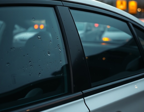 sleek airport taxi, welcoming, greeting passengers, photorealistic, organized airport drop-off zone lined with taxis, highly detailed, glistening raindrops on the window, sharp focus, metallic, gentle evening glow, shot with a 50mm lens.