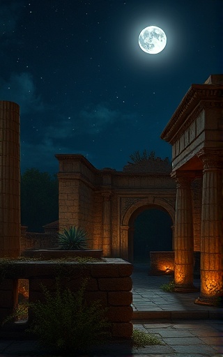 adventurous nightadventure, fearless, exploring an ancient city, photorealistic, ruins under moonlight with overgrown plants, highly detailed, stars twinkling, mysterious, dim moonlight, shot with a 20mm f/2.5 lens