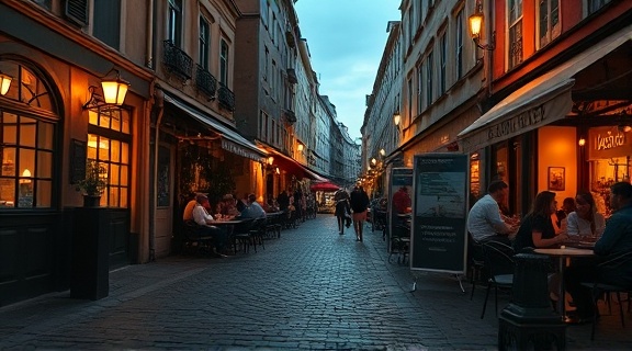 urban nightout, relaxed, sitting at an outdoor café, photorealistic, cobblestone street with streetlights, highly detailed, people chatting, warm, golden hour, shot with a 35mm f/2 lens