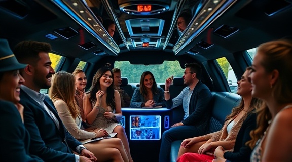 luxurious party limo, laughter-filled expressions, mingling guests, photorealistic, sleek interior with underglow lighting and mini bar, highly detailed, subtle elegance, high fidelity, classic colors, understated lighting, shot with a 20mm lens.