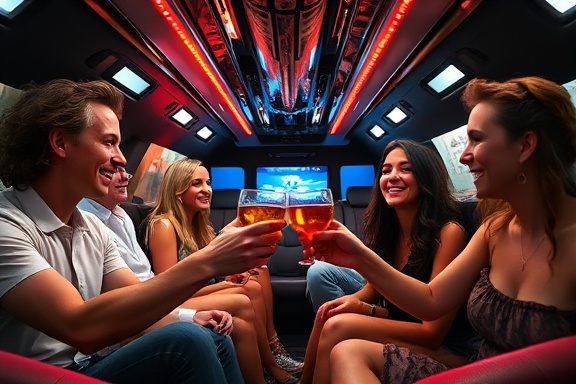 extravagant party limo, joyful expressions, clinking glasses, photorealistic, lavish interior with leather seats and LED strips, highly detailed, gentle movement, high resolution, bright colors, ambient lighting, shot with a 24mm lens.
