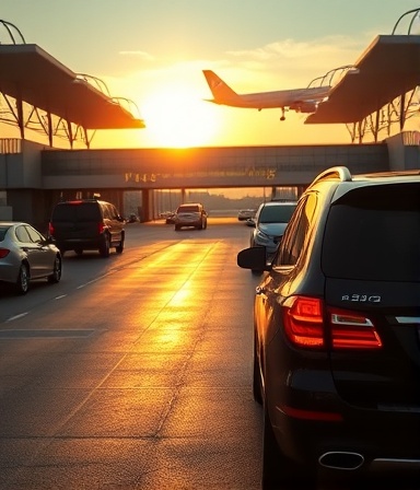 efficient airport transfer, punctual, arriving at terminal, photorealistic, expansive airport entrance with multiple lanes, highly detailed, car brake lights in the early morning, deep clarity, shiny, ambient sunrise lighting, shot with a telephoto lens.