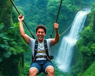 dynamic scene from Tods adventure, joyful expression, zip-lining across a rainforest, photorealistic, lush greenery and a cascade waterfall, highly detailed, raindrops glistening, high dynamic range, vivid greens, backlight effect, shot with a telephoto lens.