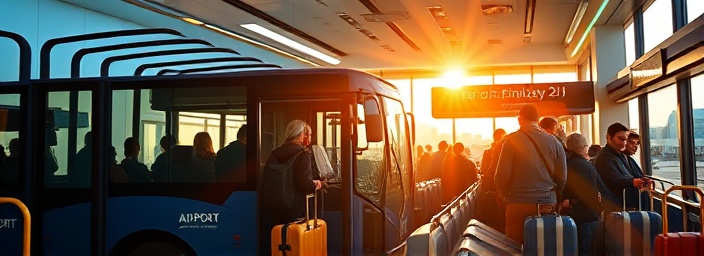 spacious airport bus, accommodating, loading luggage, photorealistic, busy airport bus stand surrounded by passengers and luggage, highly detailed, reflections on windows from sunlight, ultra high-definition, navy blue, morning sunlight, shot with a wide-angle lens.