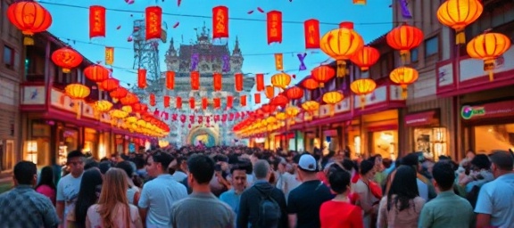 cultural exploration in Tods travel, intrigued expression, attending a vibrant festival, photorealistic, crowded plaza decorated with colorful banners and lanterns, highly detailed, confetti falling through the air, fine details, colorful spectrum, artificial festive lighting, shot with a standard lens.