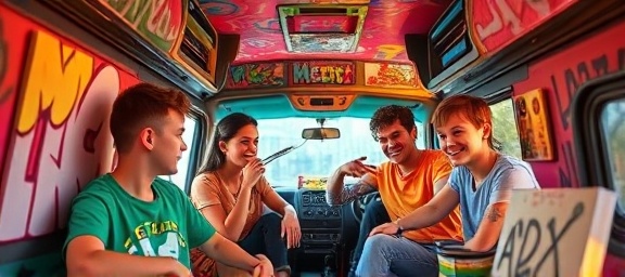 vibrant party van, playful expressions, creating art, photorealistic, artistic interior with canvas prints and graffiti, highly detailed, animated creativity, vivid depth, bright hues, directional lighting, shot with a 30mm lens.