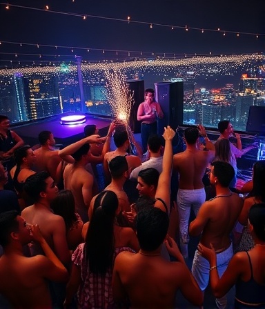 energetic nightparty, ecstatic, mingling with friends, photorealistic, crowded rooftop bar with twinkling lights, highly detailed, DJ playing music, vibrant, cool LED, shot with an 85mm f/1.8 lens