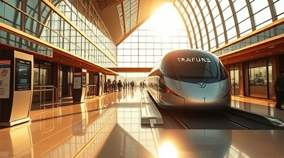 luxurious airport transfer, opulent, cruising smoothly, photorealistic, upscale terminal with glass architecture, highly detailed, sunlight reflecting off polished surfaces, maximum resolution, rich gold, midday sun glare, shot with a 24-70mm zoom lens.