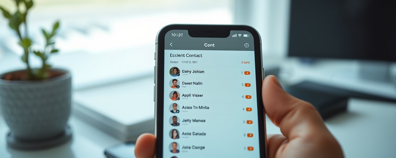 organized contact list, focused expression, displayed on a smartphone screen, photorealistic, background with a minimalist white desk and potted plant, highly detailed, notifications popping up, sharp clarity, vibrant color, natural daylight, shot with a prime lens